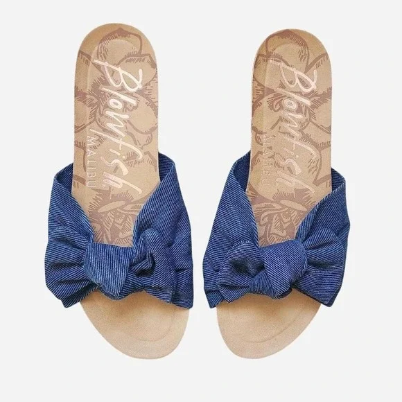 Blowfish Malibu Ginah Blue denim canvass bow tie slide in sandals 7.5 - Picture 1 of 6